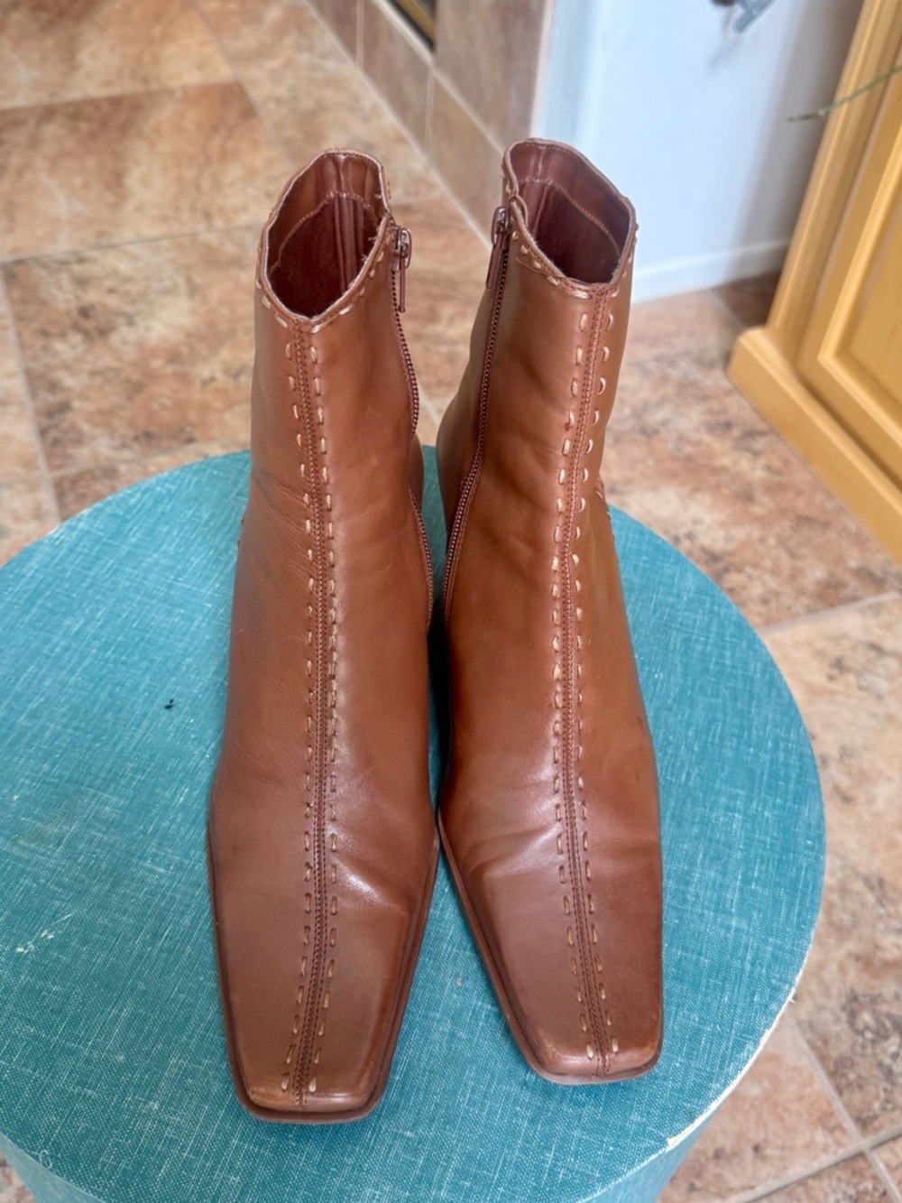 Diba Leather Wedge Ankle Boots Size 9 Cognac Brown Square Toe Comfort Heel